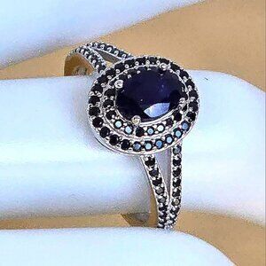 925 Sterling Silver Ring Sz 6.75 With Natural Sapphire 7x5mm & Black Spinel